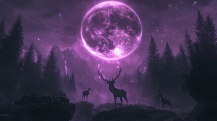 Silhouettes of deer in a mystical forest under a glowing purple moon