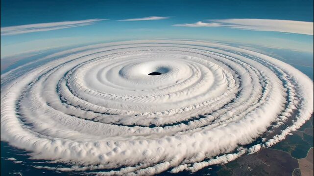 4K time-lapse of a swirling hurricane, dramatically showcasing its well-defined eye and spiraling cloud formations.  the storm&rsquo;s immense power and graceful rotation unfold with breathtaking clarity