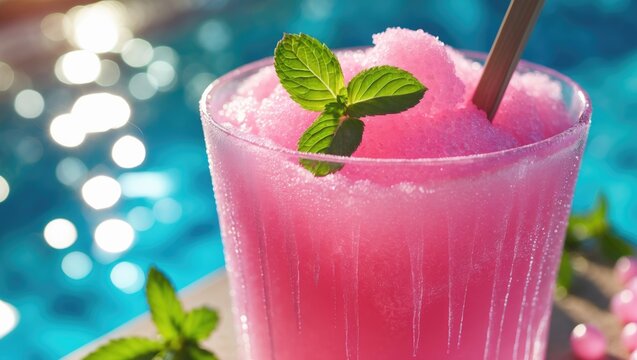 Chilled red drink with mint garnish beside a blue pool. Concept of summer refreshment and tropical relaxation.