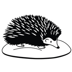 Animated hedgehog curled on a simple contour, black and white animal illustration © Lovely