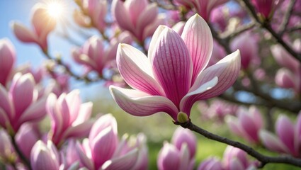 Obraz premium Blooming magnolia tree in Prague, with vibrant flowers forming a tranquil and scenic spring landscape
