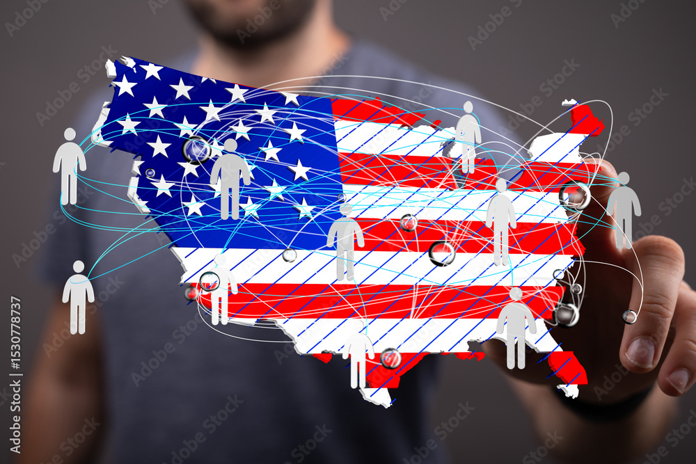 Poster illustrative image of a network map overlayed on the usa, showing interconnectedness.