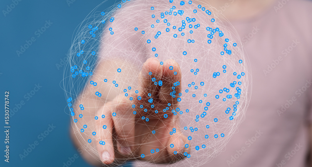 Aufkleber Abstract image of a hand interacting with a digital global network. Represents connection, technology, and communication.
