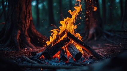 Bonfire in the forest, a tourist camp, resting place, and picnic area.