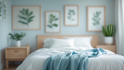 Blurred background of a bedroom with light colors, natural wood furniture, and minimalist design, evoking a peaceful and serene environment for resting.