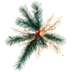 Holiday bouquet of fir branches, Christmas floral arrangement, wedding invitation card, birthday celebration, watercolor art, festive greenery, vector illustration.