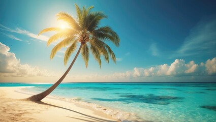 Obraz premium Caribbean sea and coconut palm viewed from the coast.