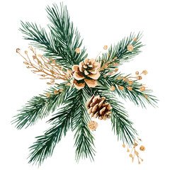 Watercolor Christmas bouquet, fir branch arrangement, holiday greeting card, wedding invitation, seasonal decor, festive greenery, vector illustration.