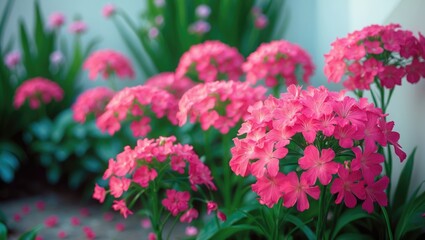 Close-up of Vibrant Pink Crepe Myrtle Flowers in a Sunlit Garden with Paved Pathway and Green Foliage A Beautiful Summer Bloom