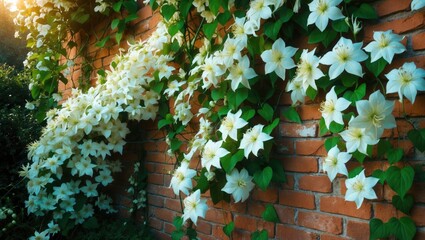 Clematis montana alba, a robust climbing plant in bloom on a wall in the garden.