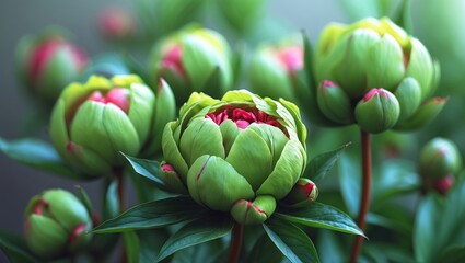 Obraz premium Close-up of blooming pink peony buds in a garden setting. Gardening concept. Sweden.