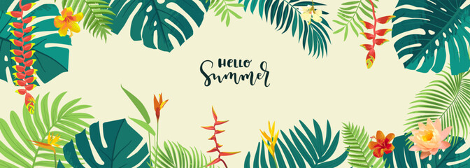 Vector Hello Summer tropical jungle horizontal, banner template. Calligraphic summer design. Monstera, hibiscus, bird of paradise flowers, tropical plants. Summertime aloha illustration © babayuka