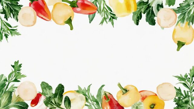 A colorful arrangement of various bell peppers and leafy greens on a white background. The peppers include red, yellow, and orange varieties, creating a vibrant border.