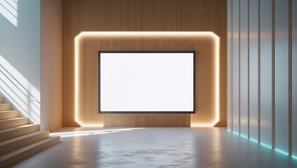 Blank lightbox banner on the wall inside a commercial building, empty space for advertisement. Landscape template banner displayed on the wall.
