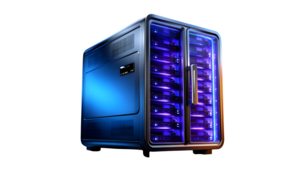 High-tech server rack glowing with blue lights