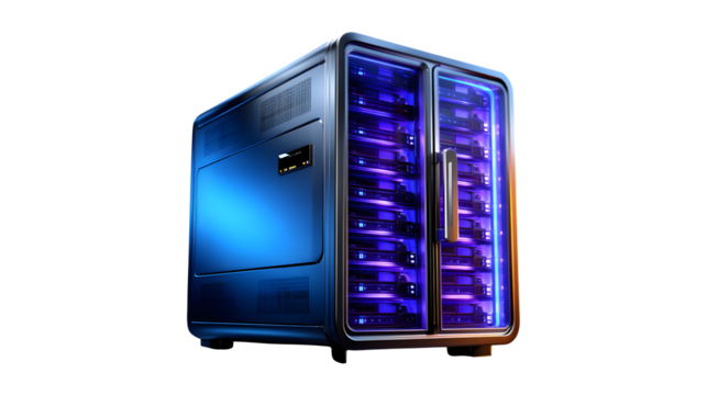 High-tech server rack glowing with blue lights
