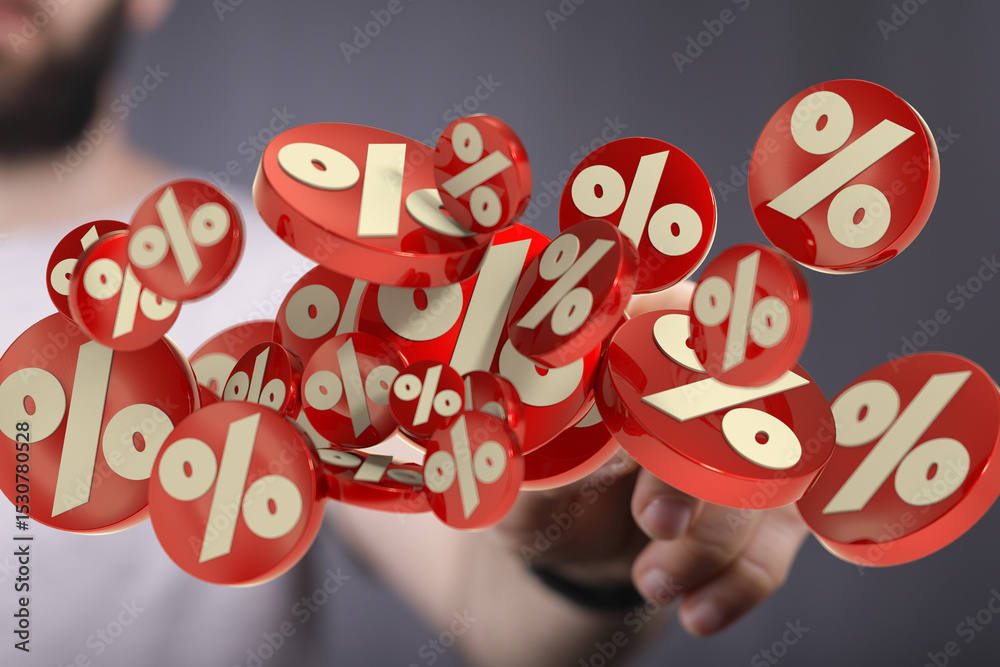 Poster 3d render of red percentage symbols floating in a hand. perfect for sale, discount, or finance conce