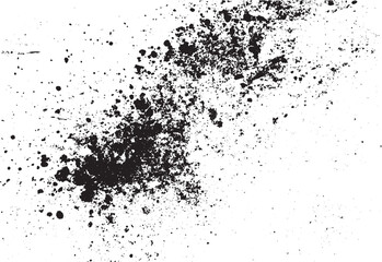 Grungy black paint splatter texture on a white background creating a rough uneven surface for abstract artistic design elements and backgrounds
