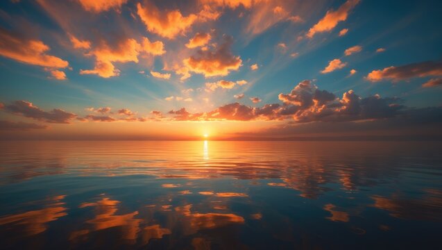 Brilliant melodramatic vibrant sunrise over the Atlantic Ocean in South Florida with bright warm tones attracting attention to the center with open copy space