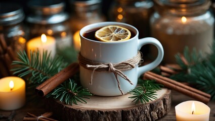 Christmas hot tea mug adorned with pine branches and dried orange on a cozy background, ideal for a festive, warm holiday atmosphere.