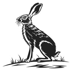 Elegant silhouette shows a sitting hare with long ears, resting on some grass