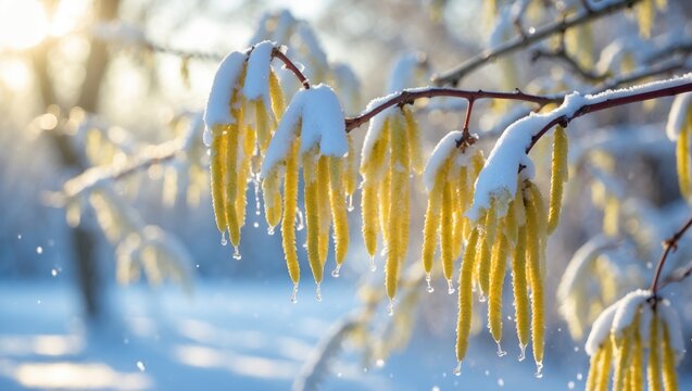 Closeup of Common hazel catkins covered with snow on a sunny winter day.
