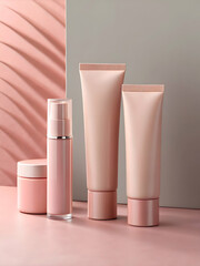 Soft nude cosmetic containers on muted pink background