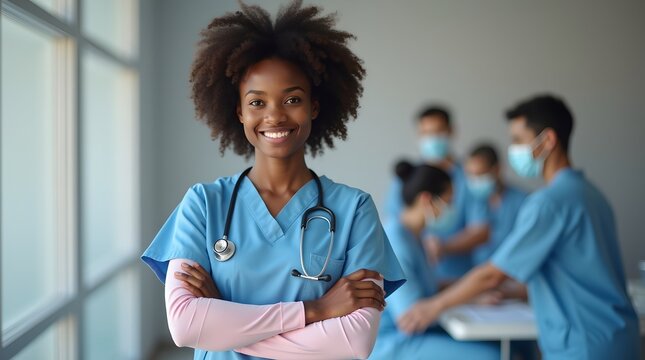 Confident African American Nurse Smiling with Healthcare Team in Background, Modern Hospital Setting, Professional Medical Portrait