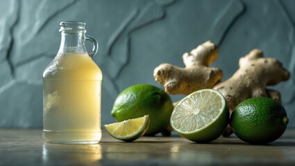 Bottle with homemade ginger ale, lemon and ginger root on gray background.