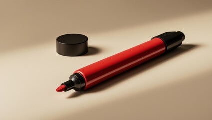 Bright red marker placed on a beige background, flat lay. Area designated for text.
