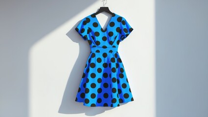 Blue vintage dress with short sleeves isolated over white background.