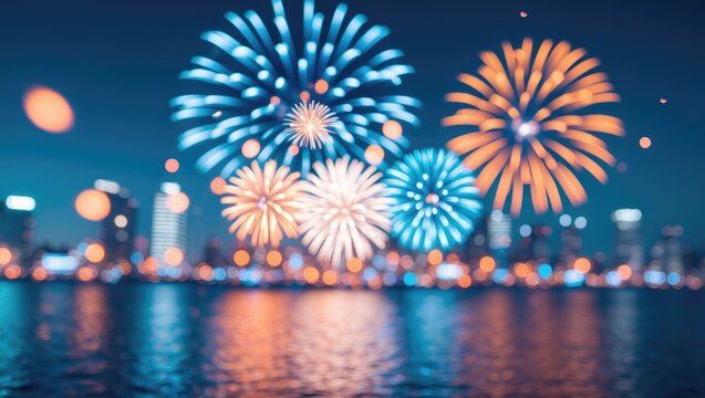 Blurred bokeh of classic fireworks illuminating a skyline during a celebration with a blue-toned atmosphere. - Powered by Adobe
