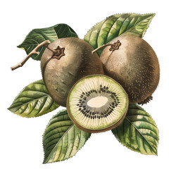 Vintage Kiwi Fruit Botanical Illustration. Detailed Antique Print Of Kiwifruit, Leaves. Great For Nature, Kitchen And Healthy Food Themes.