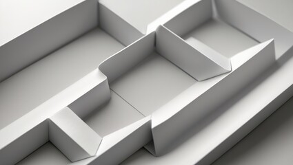 Closeup abstract white folded origami geometrical jigsaw paper pattern on a horizontal background illuminated by soft natural light.