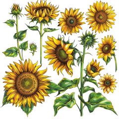 Sunflowers In Watercolor, Showcasing Bright Yellow Petals And Fresh Green Leaves. Great For Summer Designs!