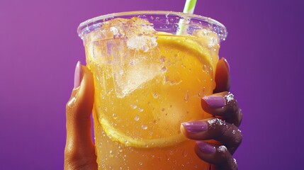 Close-up of hand holding a plastic cup of iced lemon drink
