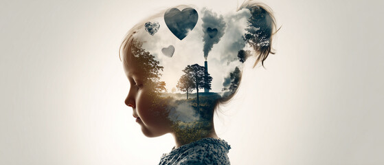 double exposure aesthetic design with cute girl dreaming about green, healthy environment