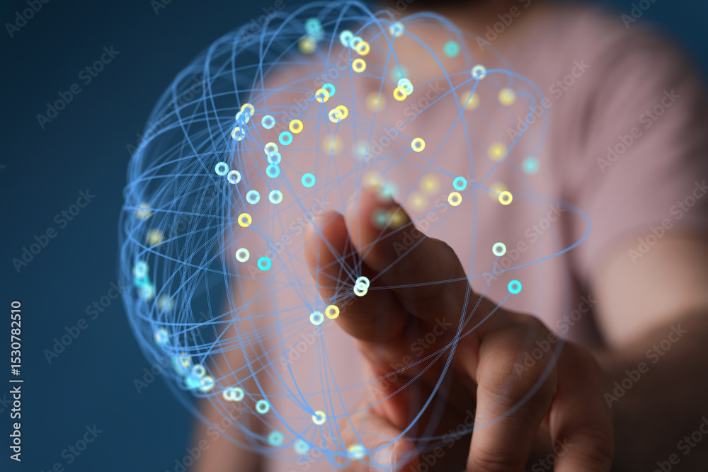 Fototapete Abstract image of a person interacting with a digital network, representing global connection and data visualization.