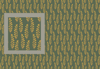 Botanical foliage green pattern wallpaper. Yellow autumn leaves on branch illustration. Cereal ears