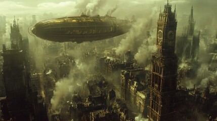 Steampunk city, blimp, smog, aged buildings