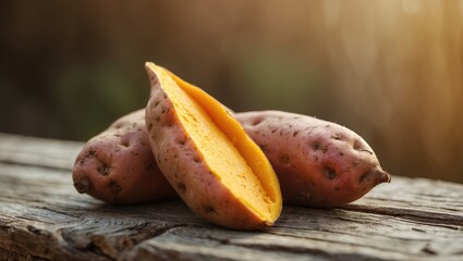 Close-up of a Delicious bake sweet potato placed on a wooden table.