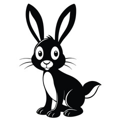 Black rabbit sits with long ears and whiskers looking forward in minimalist style