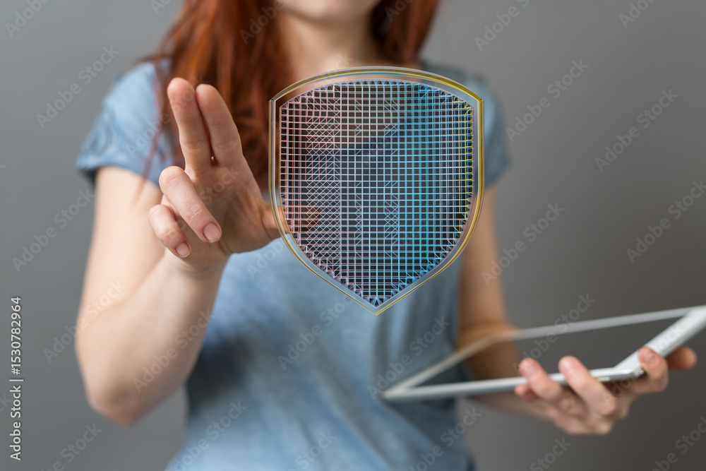 Poster woman interacts with a digital shield, representing online security and data protection.