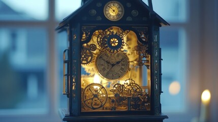 Ornate, intricate clock, gears, and hands illuminated by candlelight inside a wooden house-shaped structure; through a window