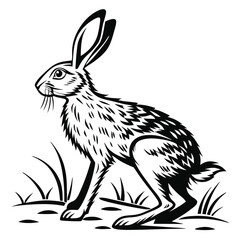 Black and white hare rests calmly in a field of simple stylized grass