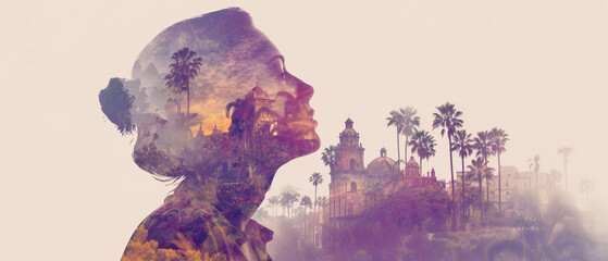 double exposure aesthetic design with holiday maker profile and tropical paradise scenery; concept of summer travel