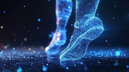Digital legs walking, glowing blue