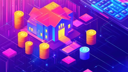 Digital house with money, technology, and calculator