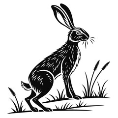 Black silhouette shows a hare sitting in grass on a white backdrop