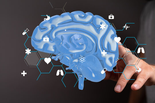 3D digital brain model with medical icons. Healthcare, neurology, technology concept.
